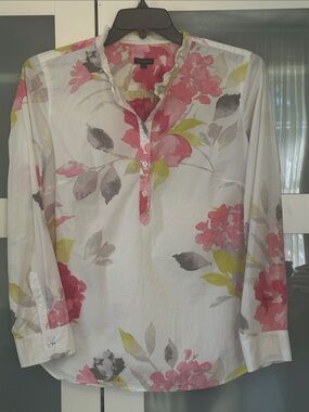 Talbots Pink & White Floral Ruffle-Neck Blouse